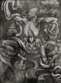 Ernst Fuchs
THE ANTI-LAOCOON (LAOCOON VICTOR), 1965
Pencil drawing on chalk grounded cloth and paper appliqus, 150x200cm